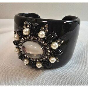 Vintage Black Lucite Cuff Bracelet  Faux Pearls, Rhinestones Glass Cabochon